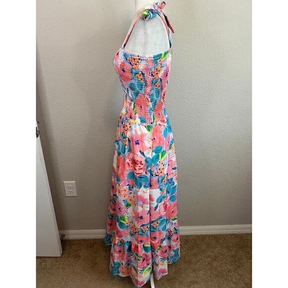 New Sunday Up Maxi Sundress Women's M Smocked Pink Floral Summer Dress Feminine - Picture 3 of 8